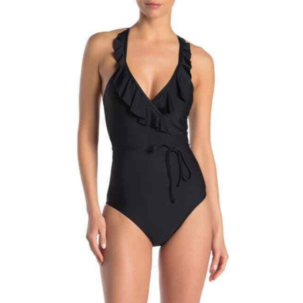 Ella Moss NWOT XS Black Essential Solids One Piece Ruffle Swimsuit